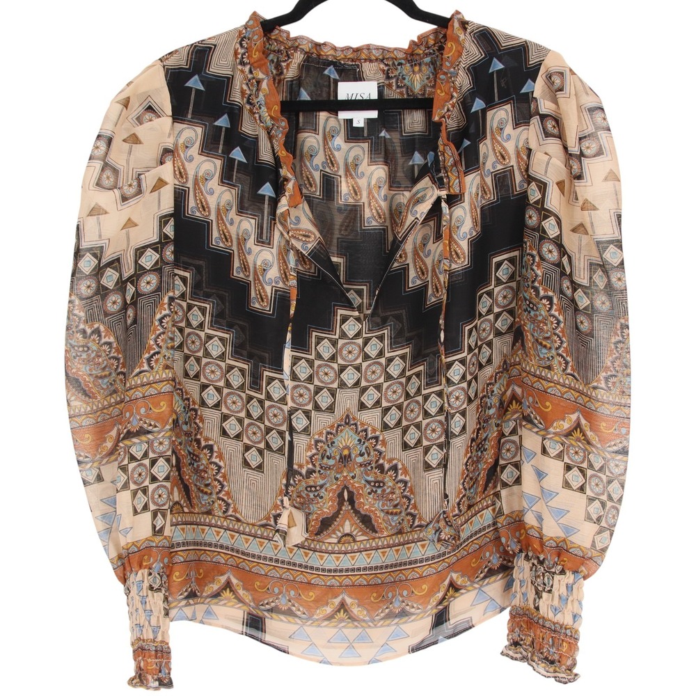 MISA Los Angeles Siena Top Alhambra Mosaic Chiffon Blouse Size S Smocked Cuffs
